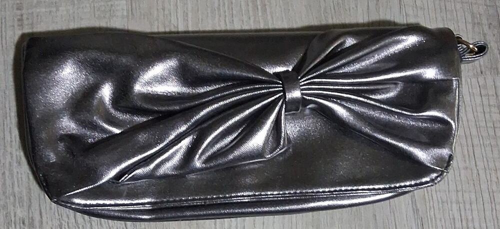 Vintage Silver Metallic Bow, baby blue inside, Clutch Evening Bag